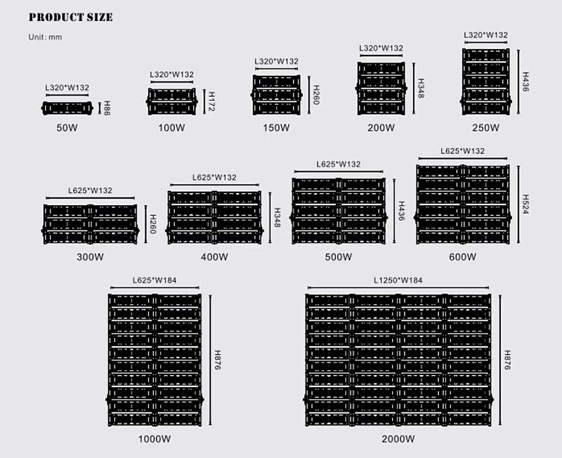 high mast led flood light dimensions of different wattage